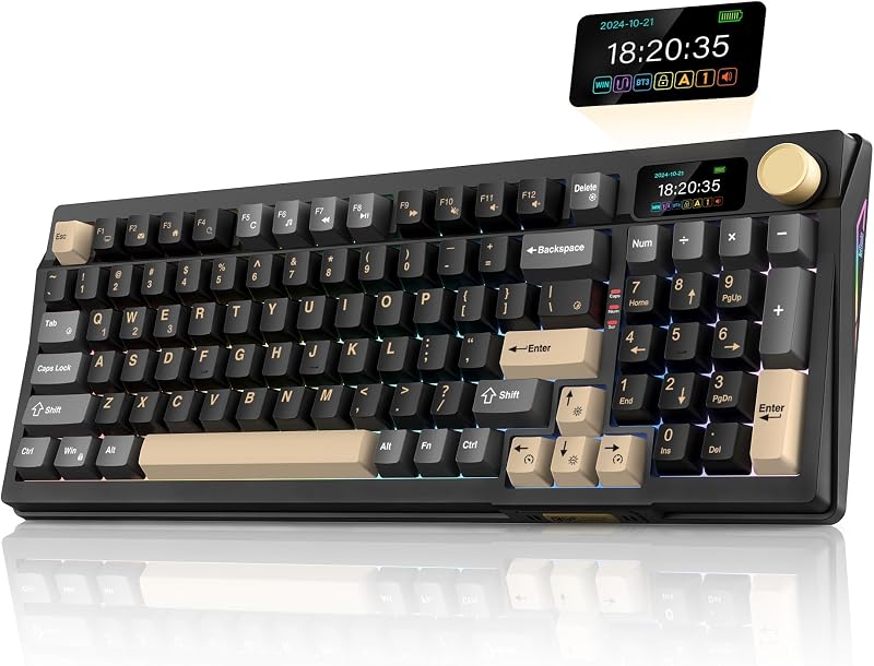 K95 Wireless Mechanical Keyboard, TFT Screen & Knob, Tri-Mode BT5.0/2.4GHz/USB-C Hot Swappable Custom, Pre-lubed Linear Pink Switches, Gasket Structure, RGB Gaming Keyboard, Black-Gold