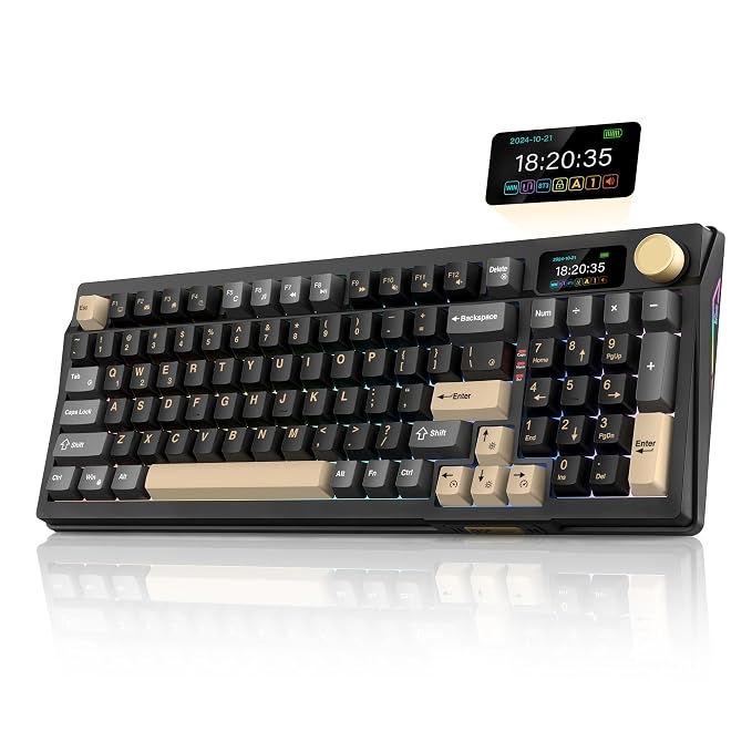 RedThunder K95 Wireless Mechanical Keyboard, TFT Screen & Knob, Tri-Mode BT5.0/2.4GHz/USB-C Hot Swappable Custom, Pre-lubed Linear Pink Switches, Gasket Structure, RGB Gaming Keyboard, Black-Gold