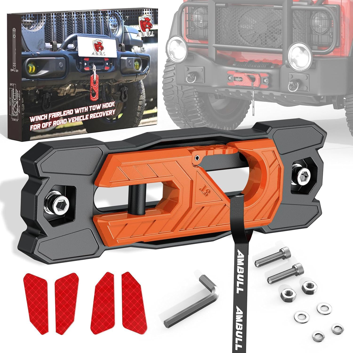 Winch Fairlead with Tow Hook, Aluminum Hawse Fairlead with Grade 80 Forged Steel Winch Hook, 33000lb Break Strength Winch Fairlead Hook Set for Off-Road Vehicle Recovery, BlackOrange