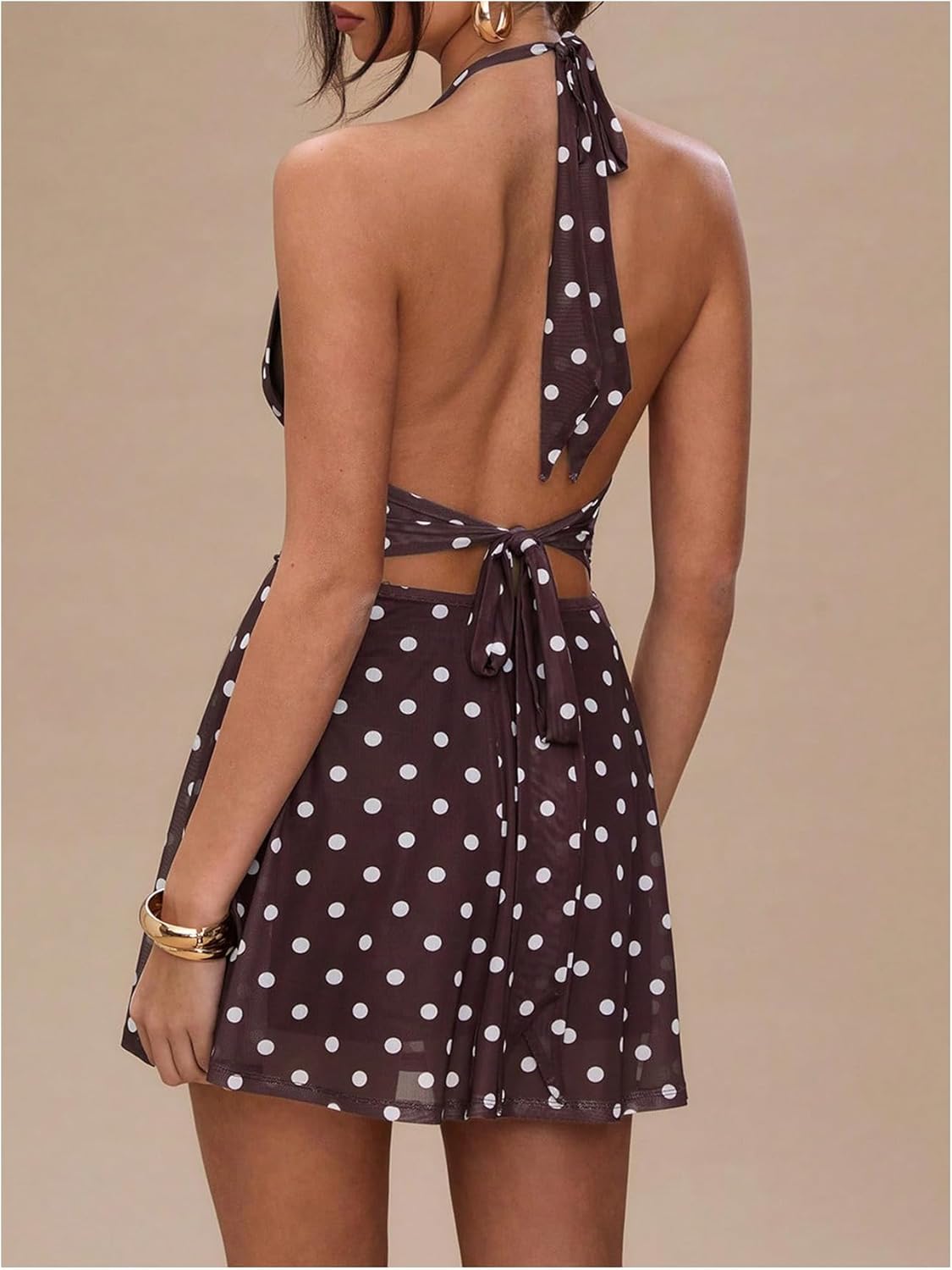 Milumia Women's Polka Dots Ruched Backless Halter Mini Dress Sexy Deep V Neck A Line Short Dresses - Image 3