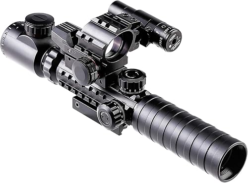 Miniatura 17 de PINTY Rifle Optical Scope & Red Dot Combo with Red/Green Laser, Illuminated Reticle for 20mm Picatinny Rail 3-9x32 Negro -,Láser verde