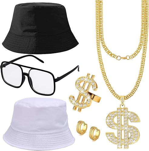 FIRAZIO Kit de disfraz de hip hop de los años 80 y 90, accesorios de traje de rapero, sombrero de pescador, collar con signo de dólar, collar,