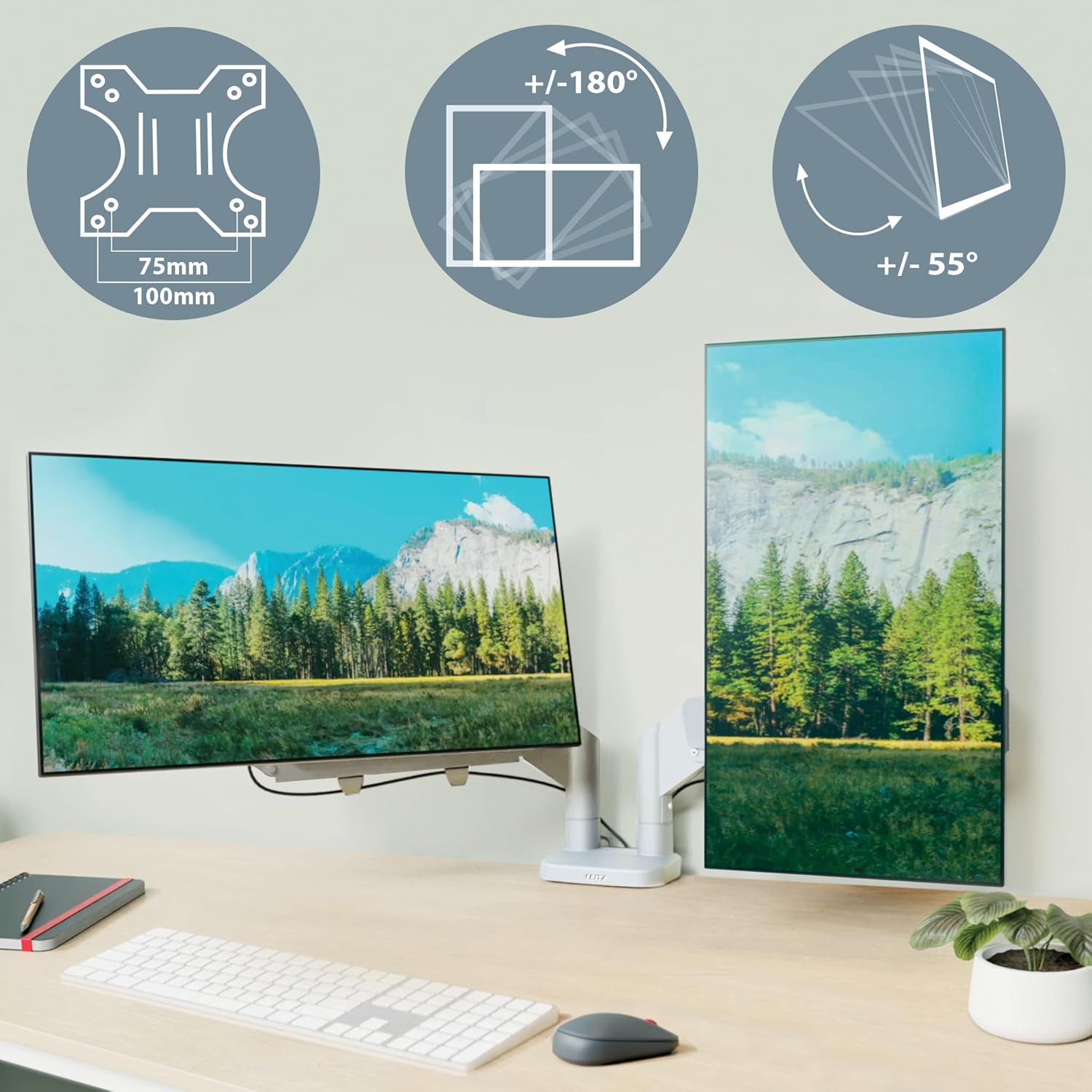 Leitz Ergo 65370085 Space Saving Double Monitor Arm for 17-32 Inch Monitors, Ergonomic Monitor Stand with Left/Right Rotation Function, Tilt Function and 18 kg Load Capacity, Light Grey