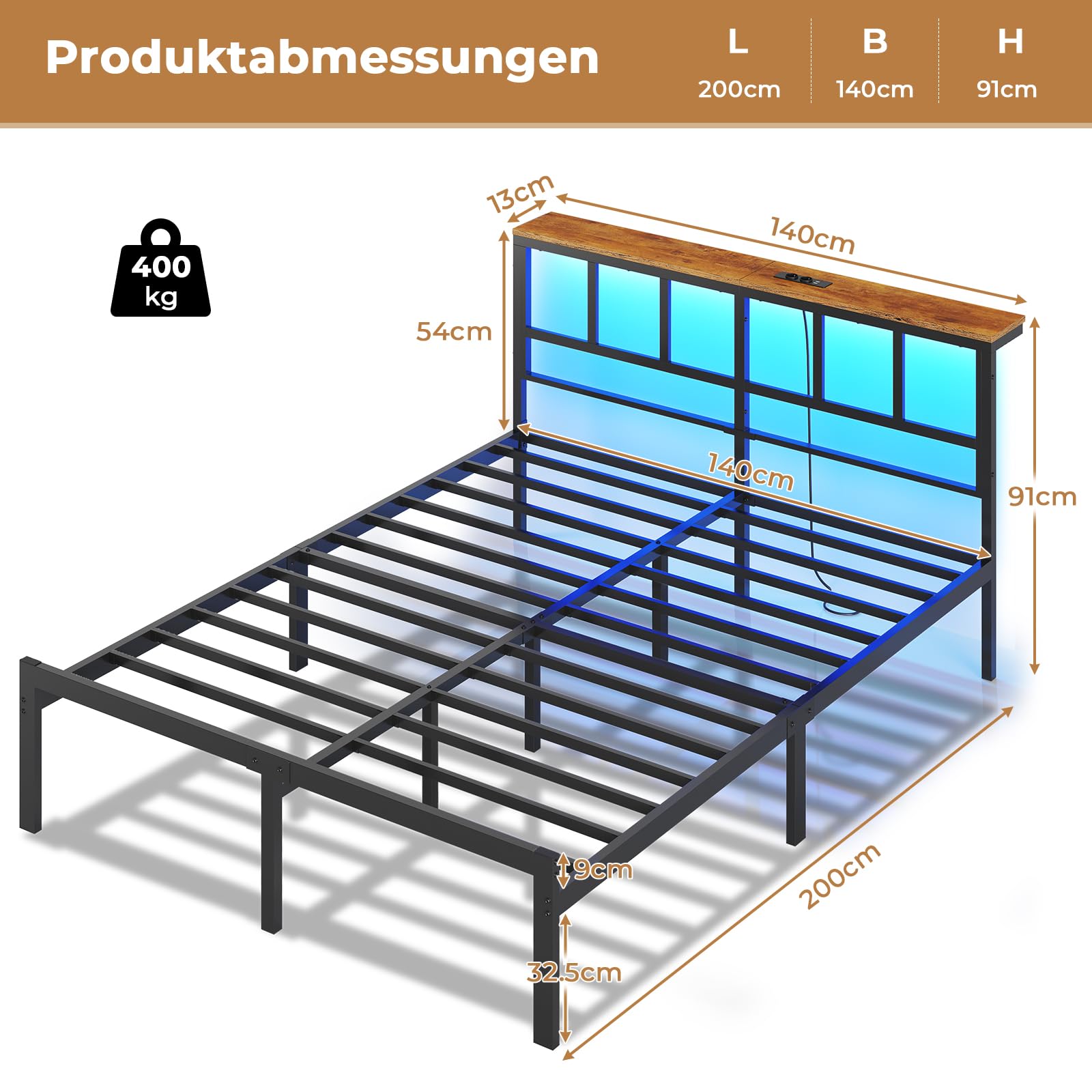 Brinlawb Bett 140x200 mit Lattenrost aus Metall, Bettgestell 140x200 mit LED Beleuchtung, Ladestation (2 AC-Steckdosen,2 USB-Anschlüsse) Metallbett Doppelbett mit Kopfteil und Stauraum