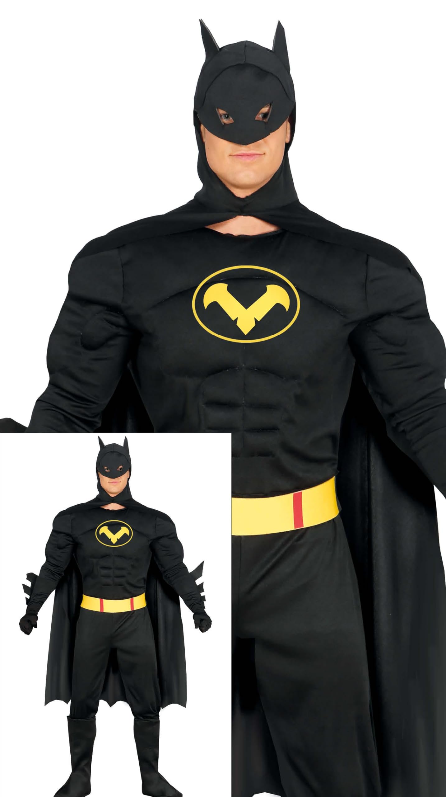 FIESTAS GUIRCA | Costume Black Hero Adulte et Ado - Cape, Capuche, Ceinture et Combinaison - Costumes de Superhéros et Vilains pour Halloween, Carnaval et Fêtes Déguisées