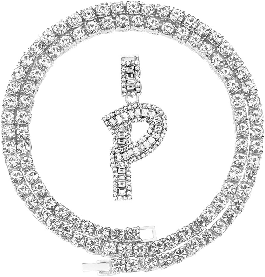 HH Bling Silver Gold Iced Out Baguette Initial Letter Necklaces for Men Women, Big Cz Diamond Capital Letter Pendant A-Z with Rope Tennis Chains