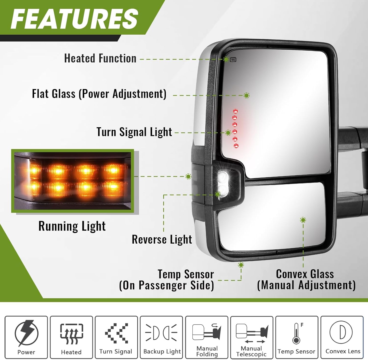 Towing Mirrors for Chevy Silverado/GMC Sierra 1500 (2014 2015 2016 2017 2018), 2500HD 3500HD (2015 2016 2017 2018 2019), Chrome Tow Hitch Mirrors, Turn Signal/Running Lights Power Heated