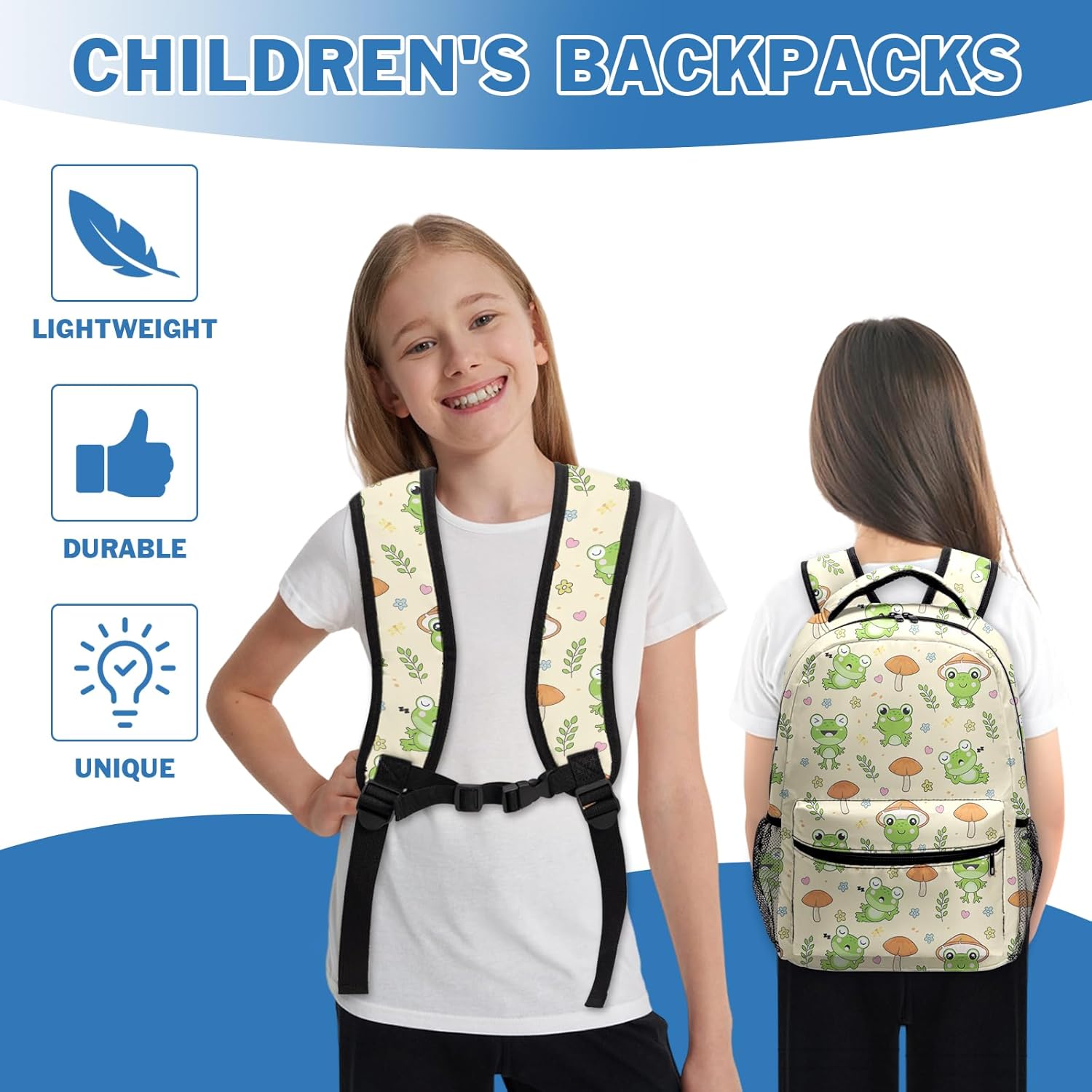 Cute Frog Mushroom Backpack for Boys Girls Kawaii Animal Froggy Print Kids Bookbag Preschool Elementary Kindergarten School Bag Students Knapsack with Chest Strap - Image 6