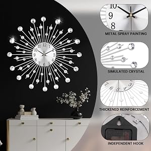 Wall Clock, Large Crystal Decorative Wall Clocks,Modern Design Wall Clock,Silent Movement Battery Powered Wall Decor for Home Bedroom Living Room Kitchen Office Bar 20 Inch Silver