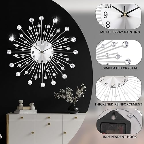 Miniatura 2 de Reloj de pared grande para decoración de sala de estar, sin tictac, silencioso, de metal, reloj de cuarzo, esfera moderna, con diamantes grandes,