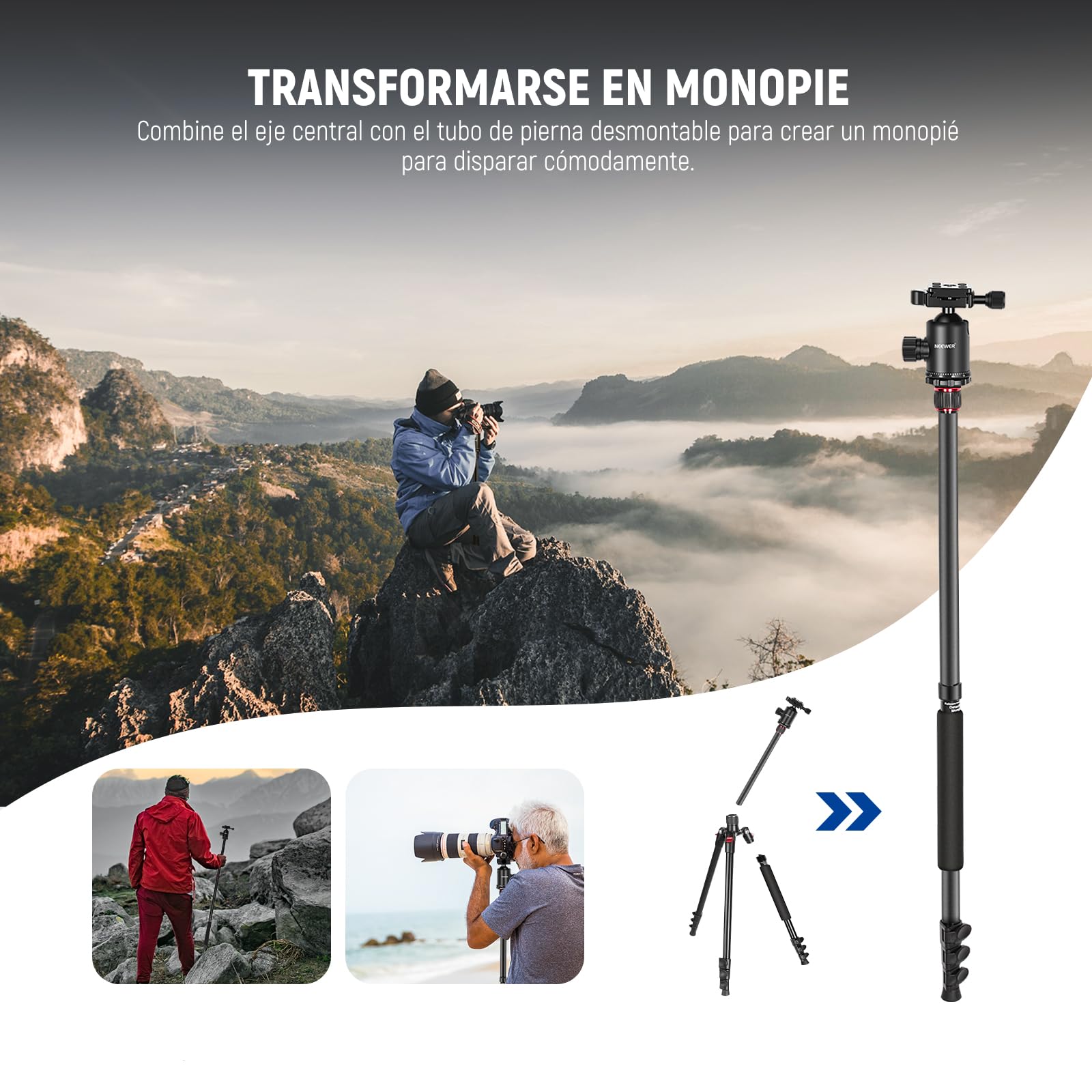 NEEWER 77"/197cm Trípode Monopod de Cámara para DSLR, Teléfono, con Cabeza de Bola Panorámica de 360°, Columna Central de 2 Ejes, Arca Tipo QR Placa, Aluminio Ligero Trípode de Viaje, Máx Carga 15,4kg