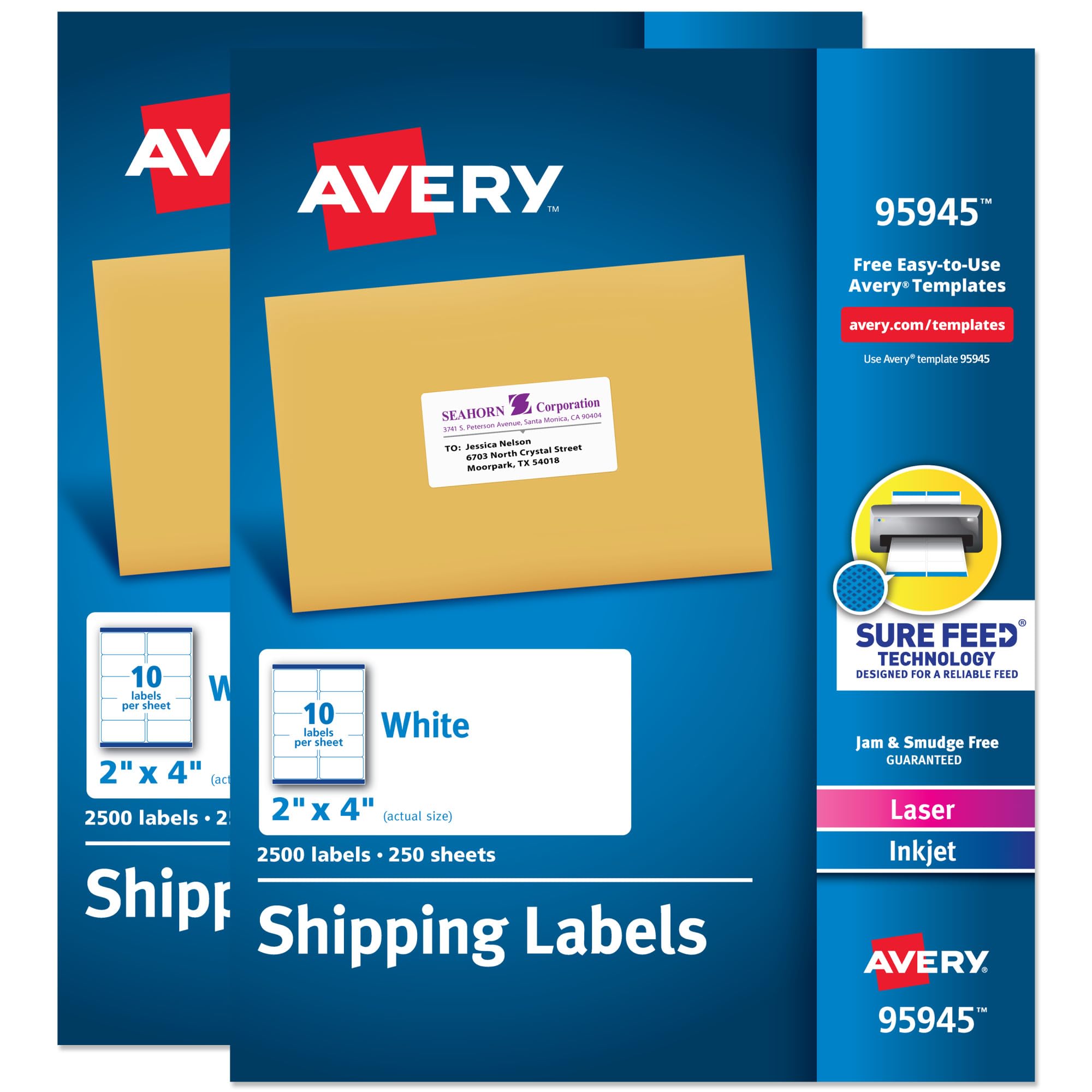 Avery Etichette per indirizzi di spedizione, stampanti laser e a getto d'inchiostro, 2.500 etichette, 2x4, permanenti, 2 confezioni (95945)
