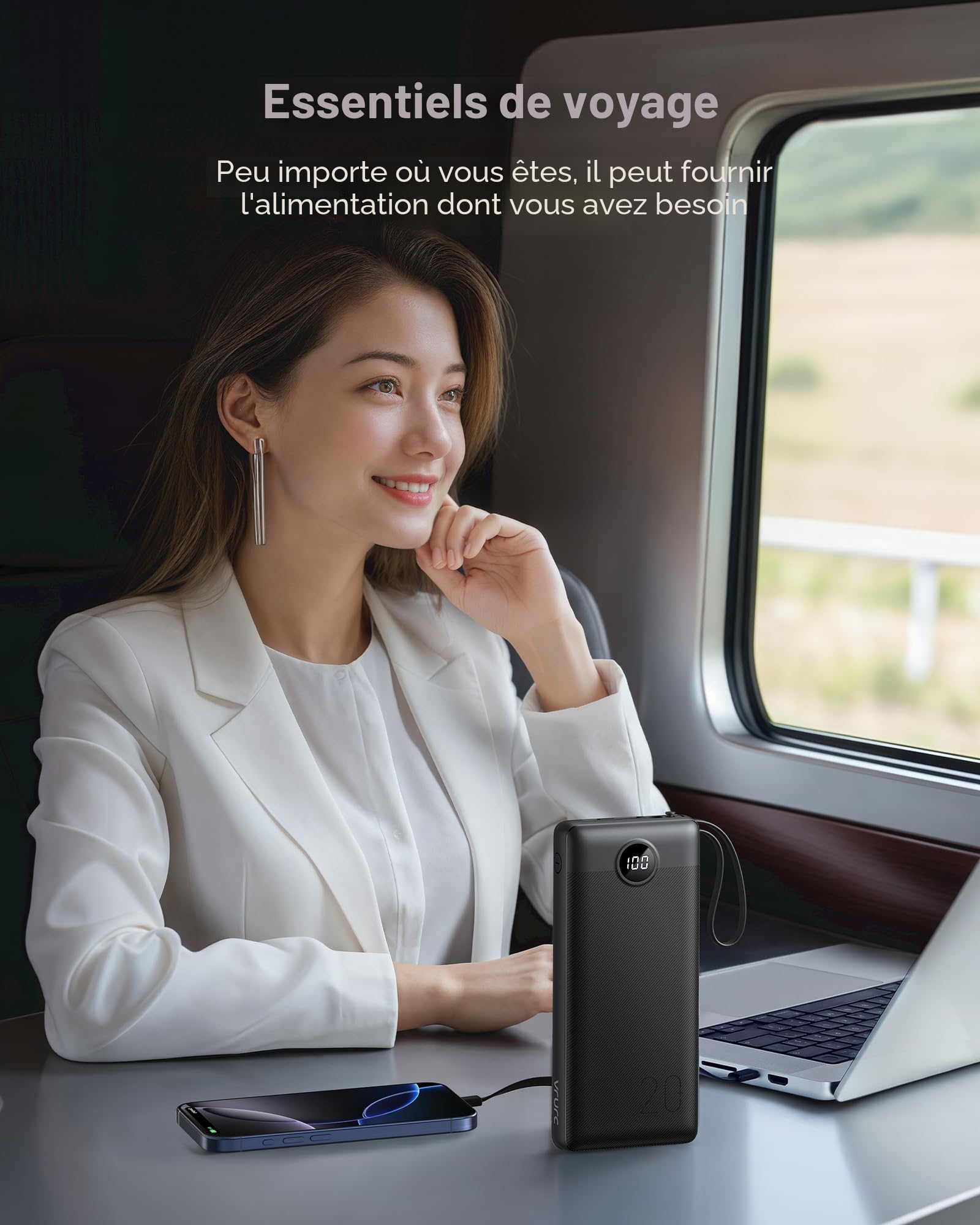 VRURC Batterie Externe 20000mAh QC 22.5W Power Bank Cable intégré, USB C Charge Rapide LED Chargeur Portable avec 4 Sorties et pour iPhone13/12/11/X/8, Samsung Huawei Xiaomi Tablet