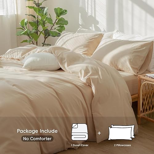 Miniatura 2 de MooMee  Juego de funda de edredón, 100% algodón lavado, textura parecida al lino, transpirable, duradero, suave y cómodo (beige arena, individual)