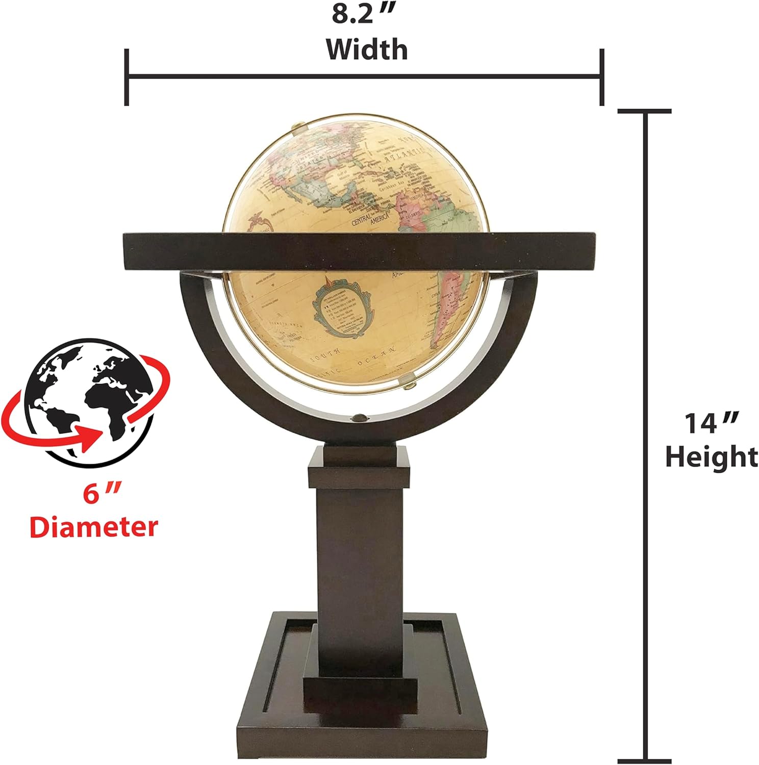 Frank Lloyd Wright Mini Wright 6" Diameter Globe, USA Cartography with Antique Globe Ball and Solid Woodl Base. A smaller version of our Wright Floor Globe is the perfect table or desktop globe for any home or office. The globe stand is an authentic reproduction from a drawing found in the Frank Lloyd Wright Foundation archives. It is an unidentified concept for one of the Prairie Homes that Wright designed in the early 1900’s. This globe and stand are proportionately scaled from the large Wright Floor Globe.