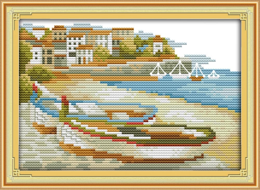 Amiiba Pre Printed Cross Stitch Kits for Adults, Sampan Seaside 11ct Stamped Embroidery Kits DIY Wall Art Decor for Beginners Kids
