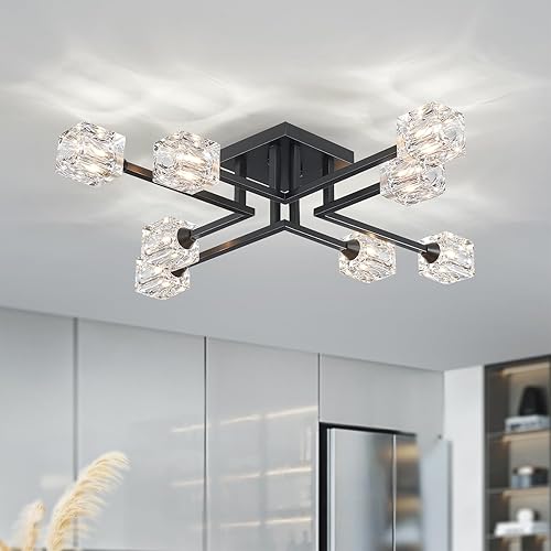XINGQI Candelabro Sputnik moderno negro de montaje semiempotrado de cristal 8 luces de granja accesorios de iluminación para comedor, sala de estar,
