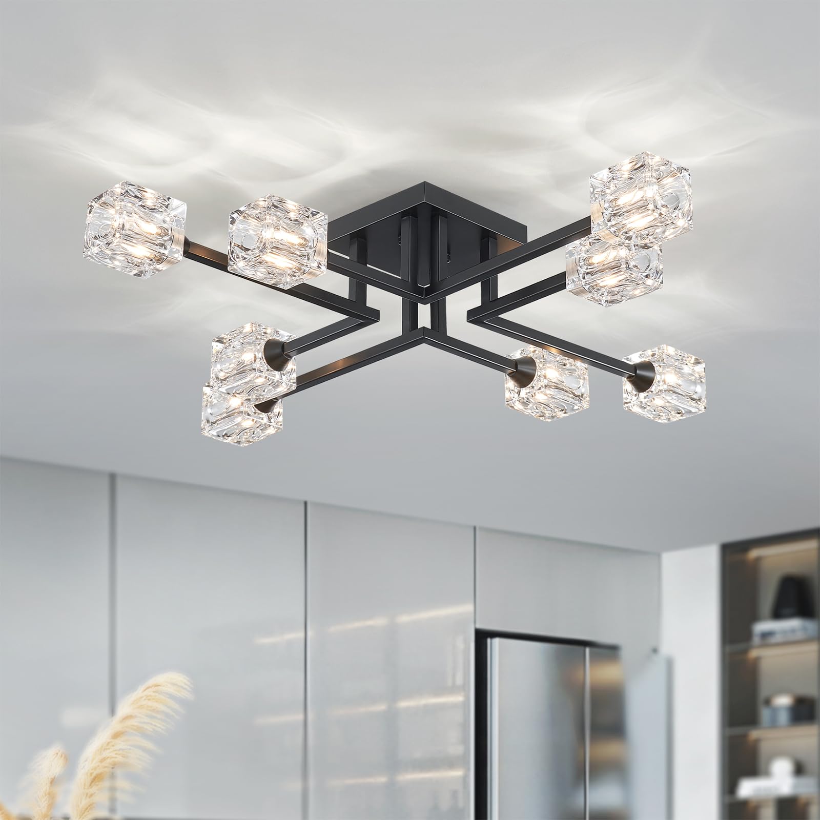 XINGQI Black Modern Sputnik Chandelier Semi Flush Mount Ceiling Light Glass 8-Lights Farmhouse Lighting Fixtures for Dining Room Living Room Kitchen Bedroom