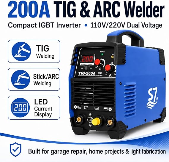 S7 200A HF Start TIG Welder, DC TIG and Stick Welder, 110V/220V Dual Voltage Portable Welding Machine for Garage Repair, DIY Projects, Stainless Steel and Mild Steel