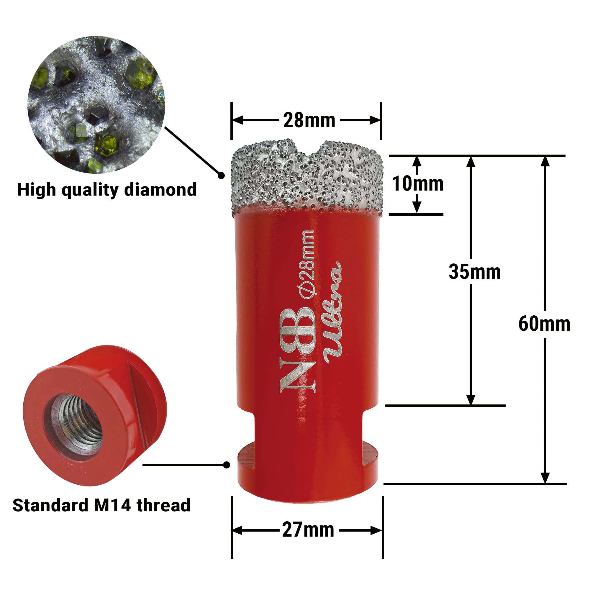 NBB Broca de diamante ultra calidad con M14, corona diamante para taladrar en seco y en húmedo en porcelana dura, cerámica, baldosas, granito, mármol, azulejo, para Amoladora Angular (1, 28mm)