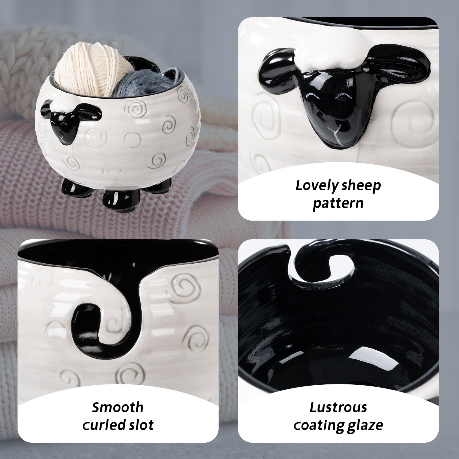 Surlama Yarn Bowl for Crochet Large Sheep Shaped Ceramic Yarn Holder Crochet Bowl Knitting Bowl, 6 Inch Wide x 4 Inch High
