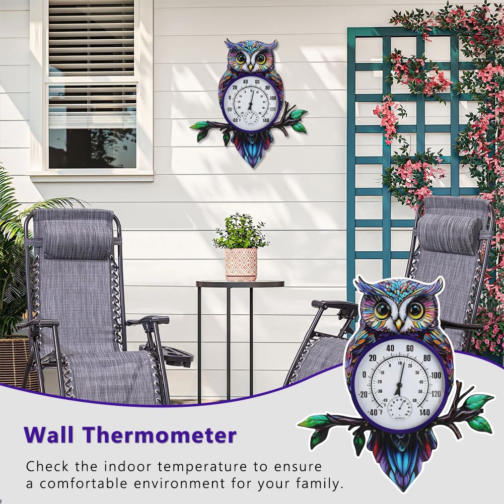 22" Outdoor Thermometer, Large Metal Indoor Wall Thermometer, Printed Owl Outside Thermometer with Large Number for Patio Home Room Decor