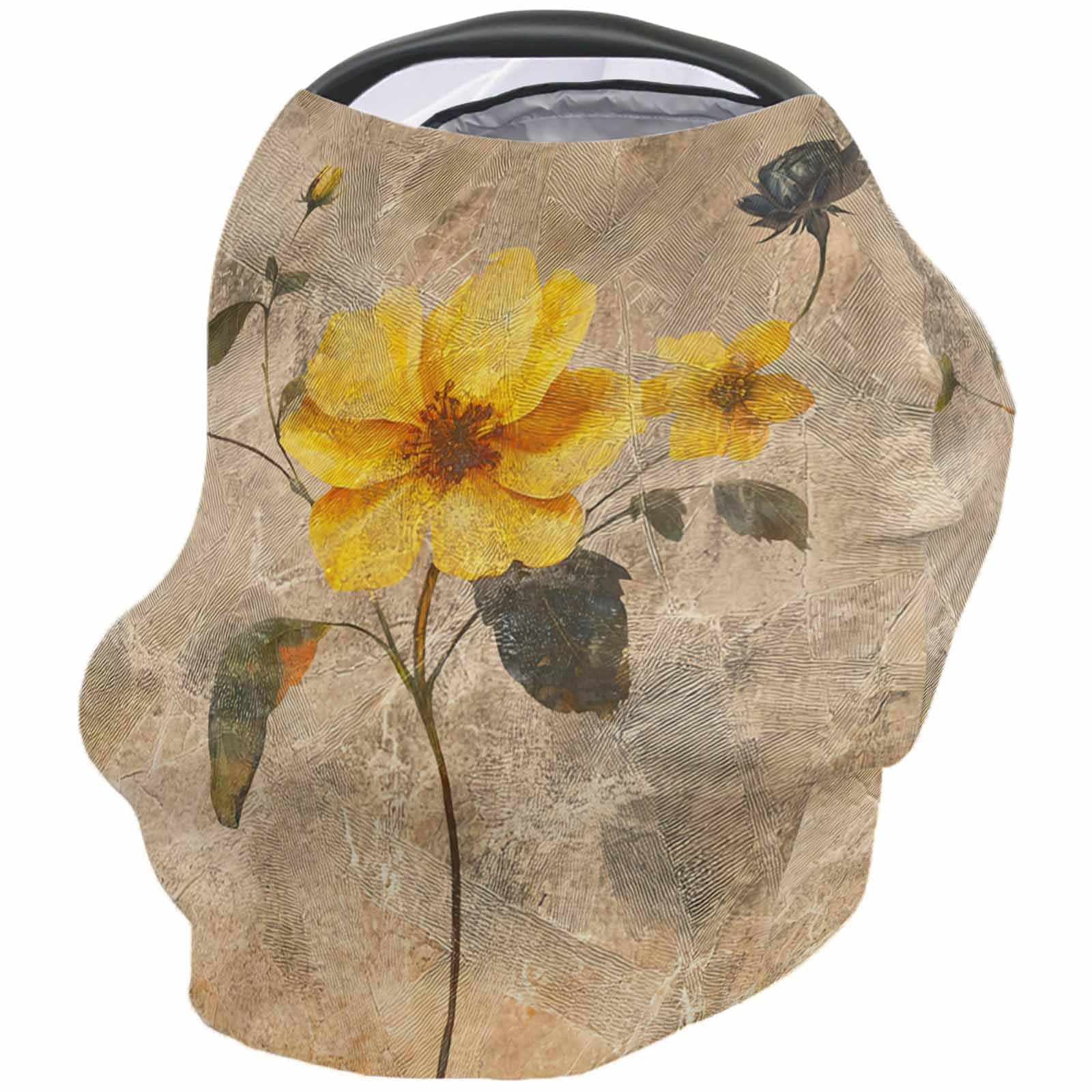 Nursing Cover for Breastfeeding Scarf, Retro Texture Yellow Flower Plant Baby Car Covers Super Soft Multi Use for Canopy Shopping Cart Cover Blanket Stroller Cover