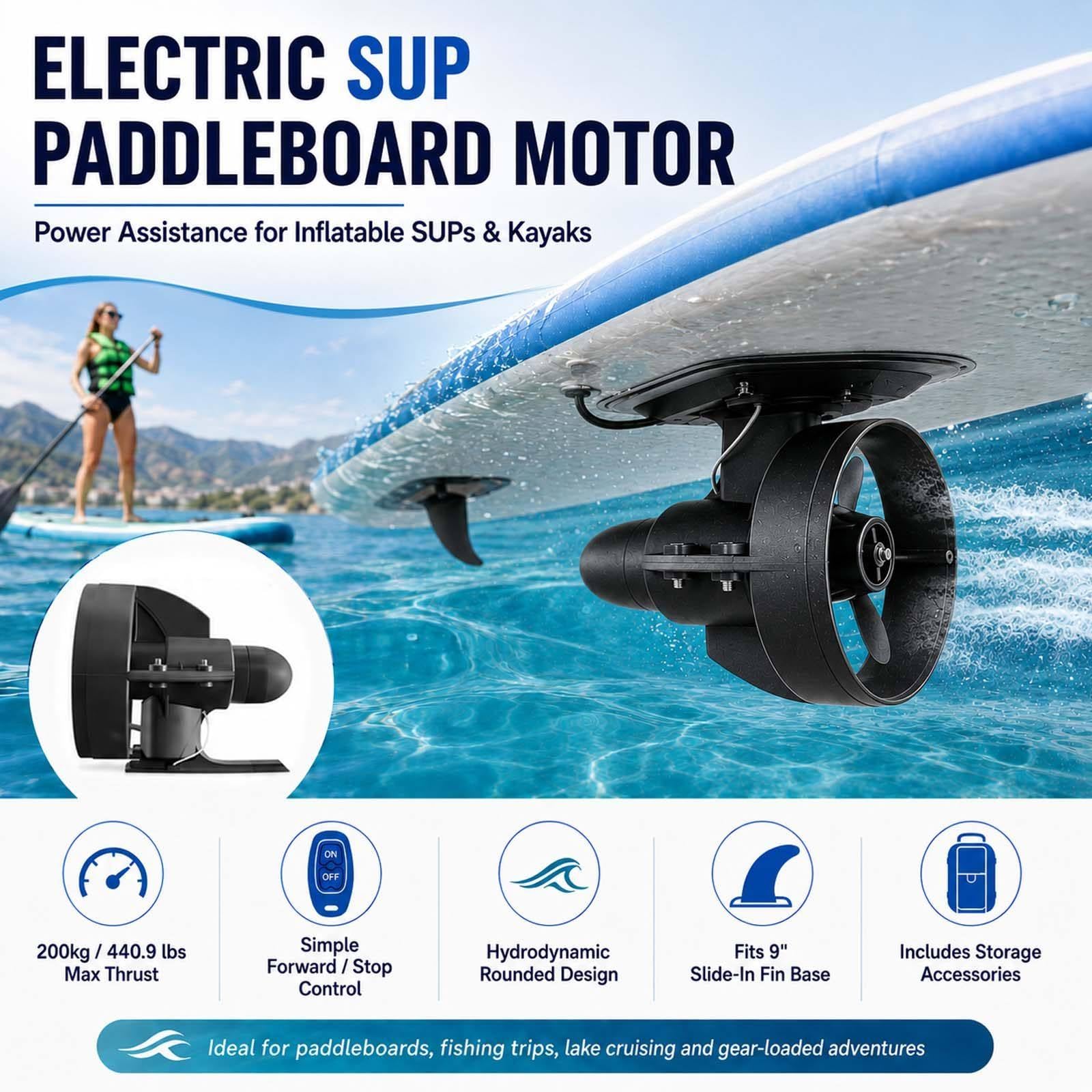 Elektrischer SUP-Motor, Unterwasserantrieb, Kajak-Propeller, Motor-Finne für Paddleboards, 12V-Außenborder mit Fernbedienung, 200 kg Schubkraft 288W