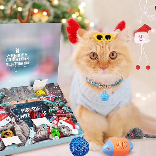 Miniatura 7 de MOVINPE Calendario de Adviento 2025 de juguetes para gatos, Navidad para gatitos, 24 juguetes interactivos para gatitos, collares de gato, surtidos