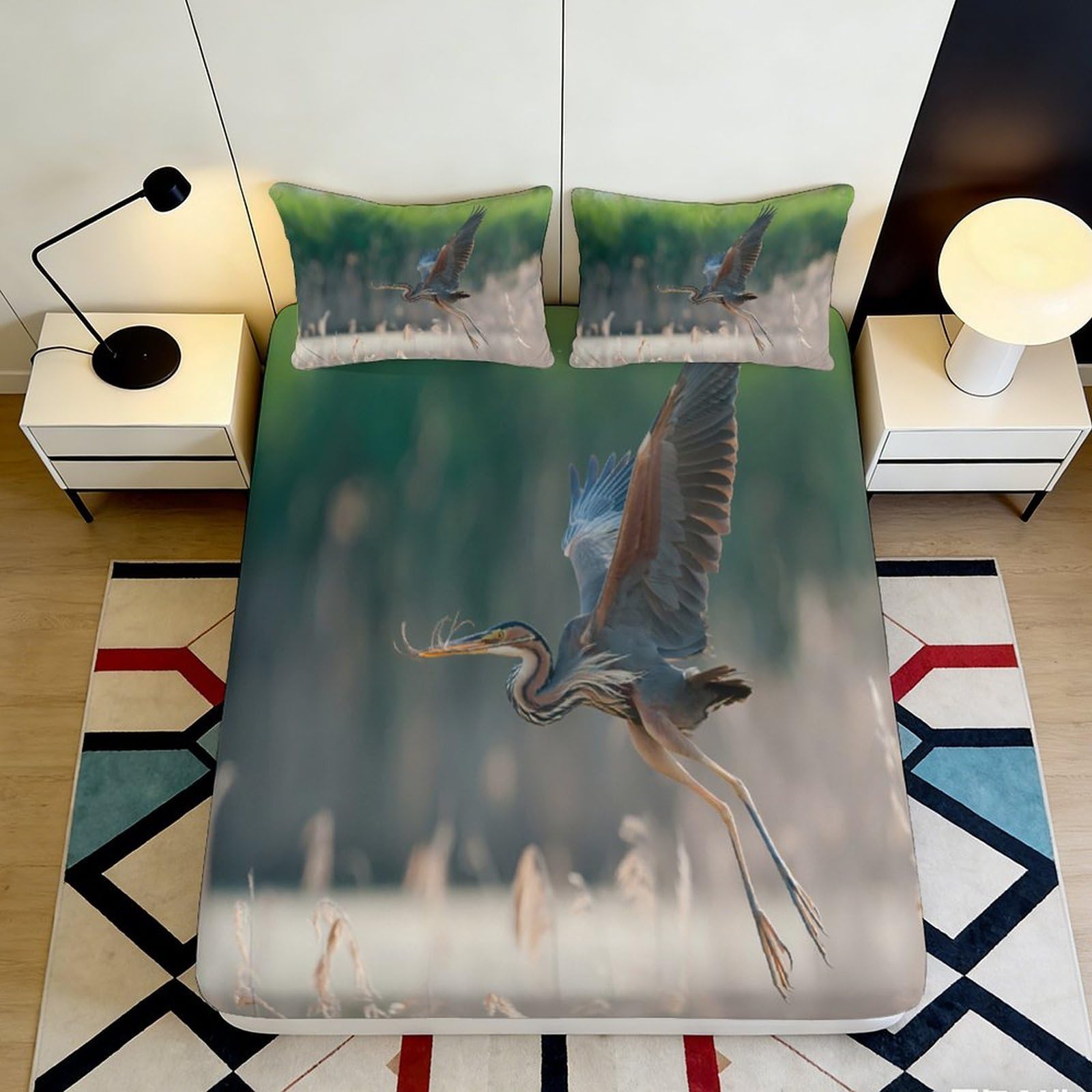 3D Printed Heron Marsh Fitted Sheet Microfiber Soft Breathable Water Bird Bed Sheet for Bedroom Guest Room Decor 90x200x25cm