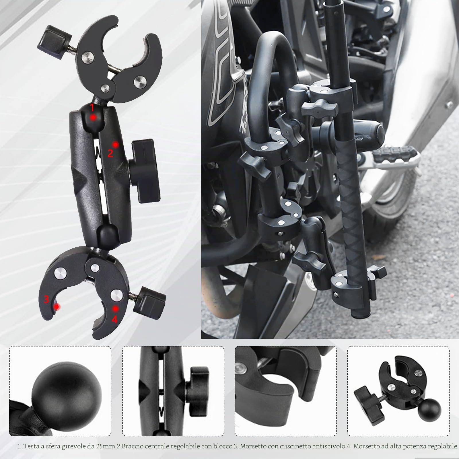 Supporto Moto per Insta360 x4 Action Camera, Moto Montaggio Kit Compatibile per Insta 360 X4 X3 X2 X RS GO 3, Rotazione a 360 Gradi Supporto a Doppia Pinza e Doppia Stabilità