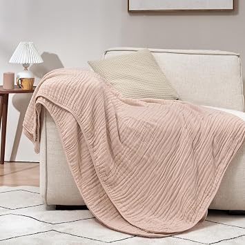 PHF Cooling Muslin Throw XL Blanket 50"x70", 6-Layer Lightweight Gauze Blanket Made from 35% Rayon Derived from Bamboo & 65% Cotton, Breathable & Ultra Soft Cozy for Hot Sleepers, Cameo Rose