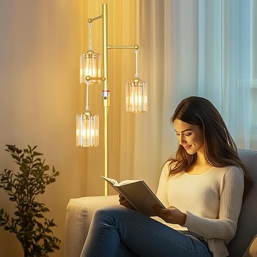 Miniatura 10 de Moderna lámpara de pie de cristal para sala de estar, lámpara de pie regulable, lámpara industrial de árbol plateado con pantalla de cristal,