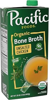 Pacific Foods Organic Unsalted Chicken Bone Broth, 32 oz - Collagen-Rich, 9g Protein, Keto Paleo Friendly, Low Sodium