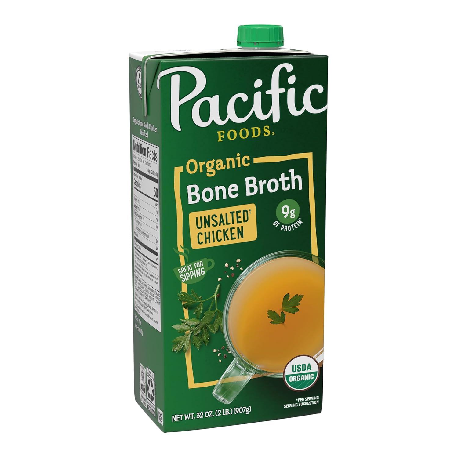 Pacific Foods Organic Unsalted Chicken Bone Broth, 32 oz - Collagen-Rich, 9g Protein, Keto Paleo Friendly, Low Sodium