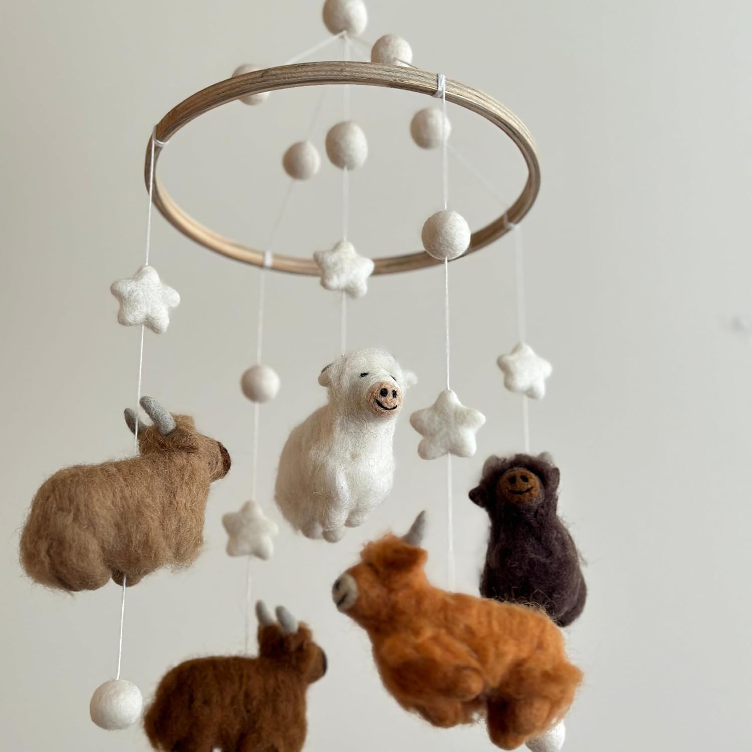Handmade Felt Highland Cow Nursery Mobile, Highland Cow Crib Mobile for Boys & Girls, Boho Nursery Decor, Natural Wool Highland Cow Hanging Mobile, Unique Baby Shower Gift, Handcrafted in Nepal