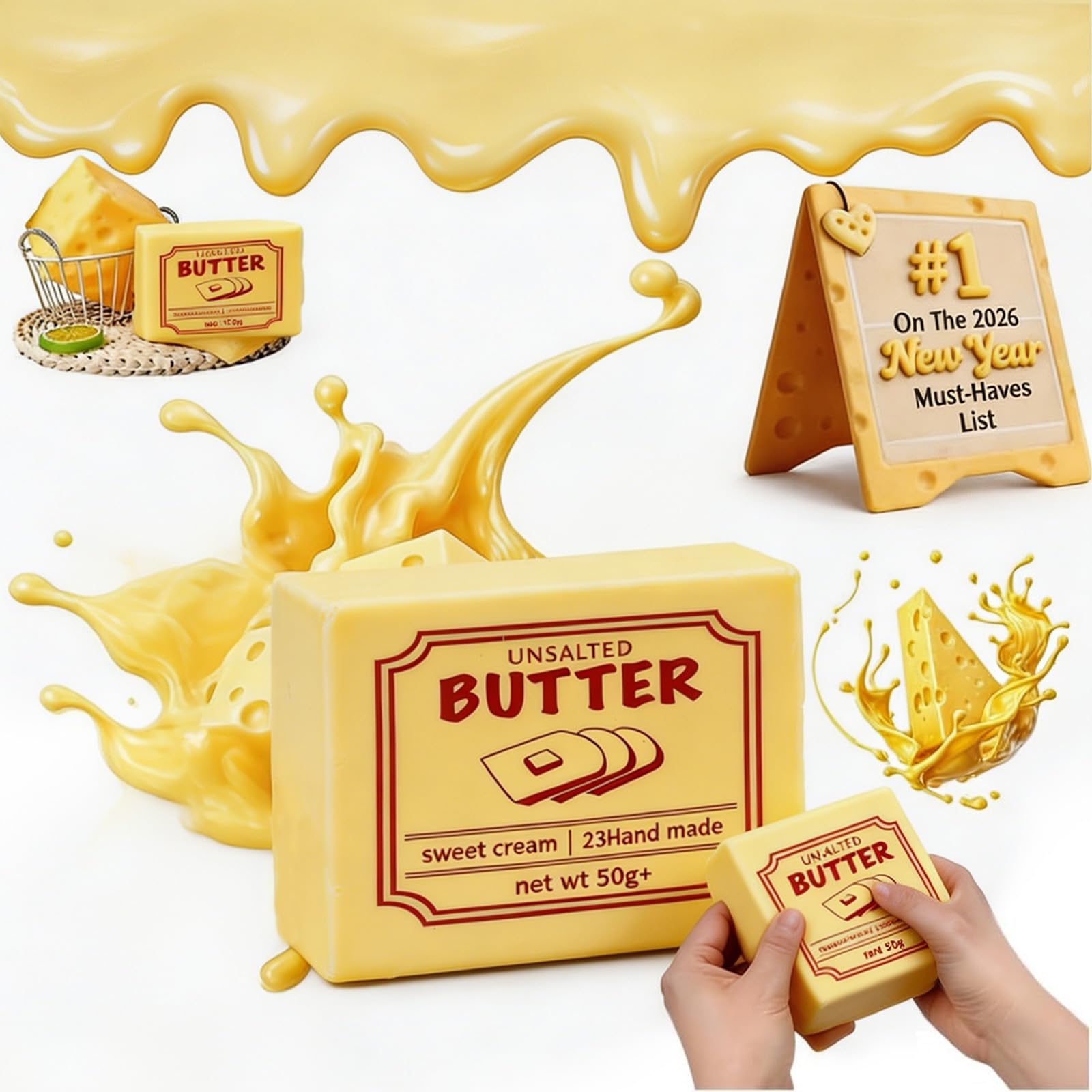 Cheese Squishy, Squishy Cheese Sugar Cube SquishySensory Toy, Big Brain CheeseStress Ball Realistic Design, Anxiety Relief Fidget Toy Sensory Toys For Adults & Kids (Butter Y1)