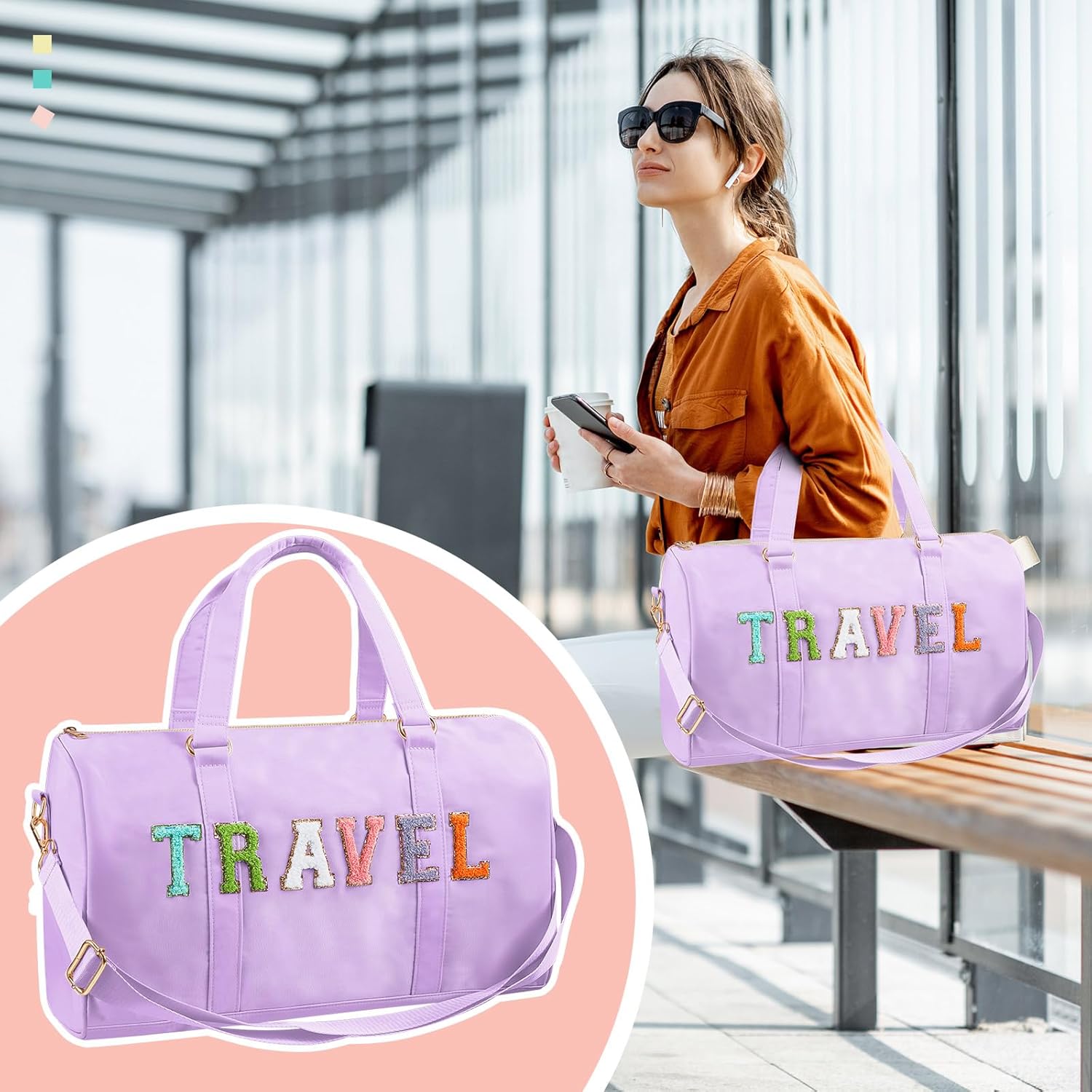 Shinylin 2 Pcs Travel Preppy Duffle Bag and Chenille Letter Makeup Pouch Cosmetic Zipper Patch Weekender Carry on Tote Bag for Women(Light Purple)