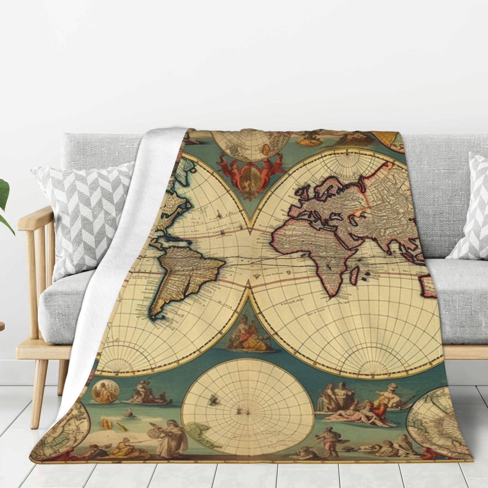 Plaid en molleton doux carte du monde au fini haut de gamme vintage