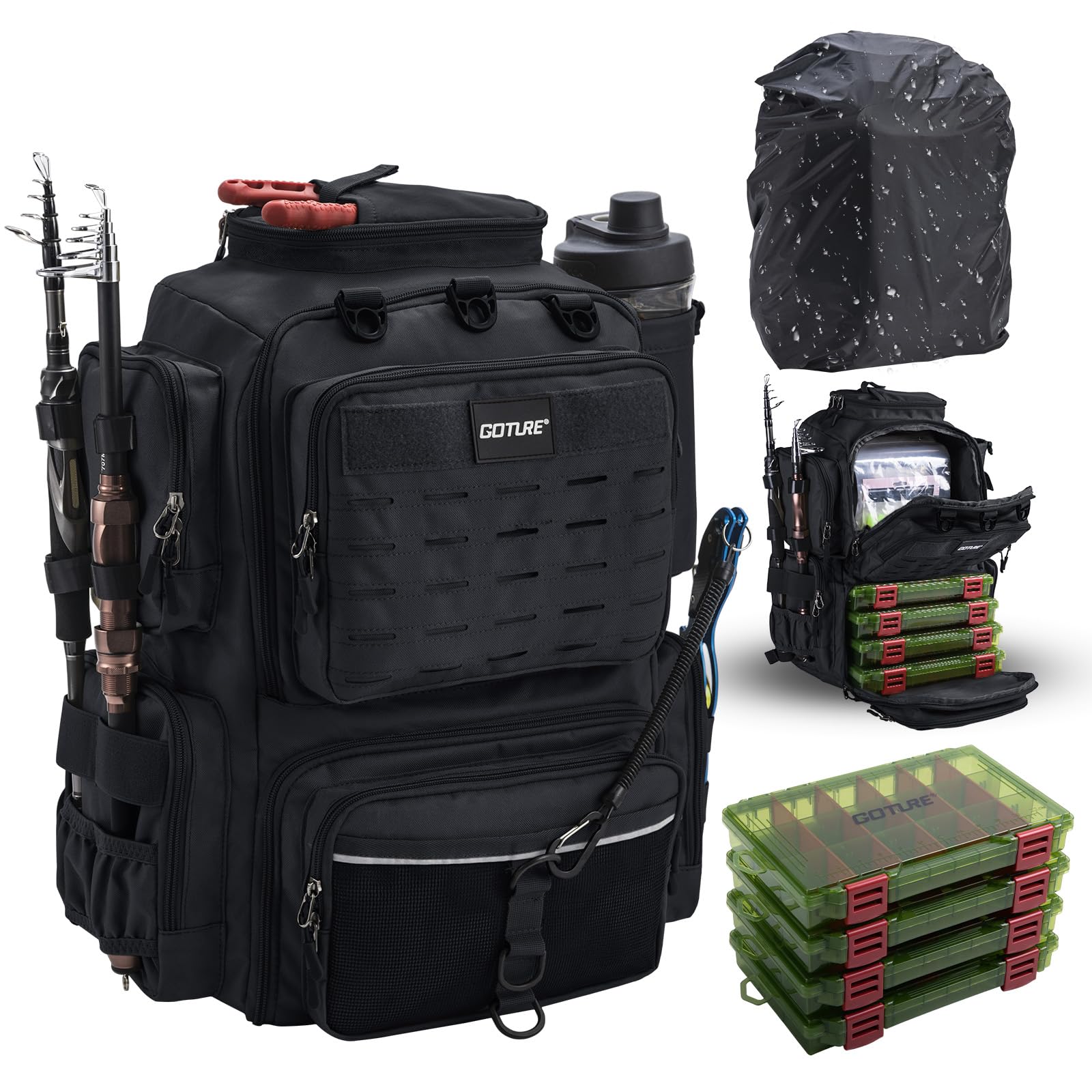 Goture Angelrucksack mit 4 Köderbox Angeln, 45-Liter Angelzubehör-Rucksack mit Zwei Rutenhaltern und Regenschutz, Wasserabweisende Angelgerätetasche mit verstellbarem Fach und 8 Ködertaschen
