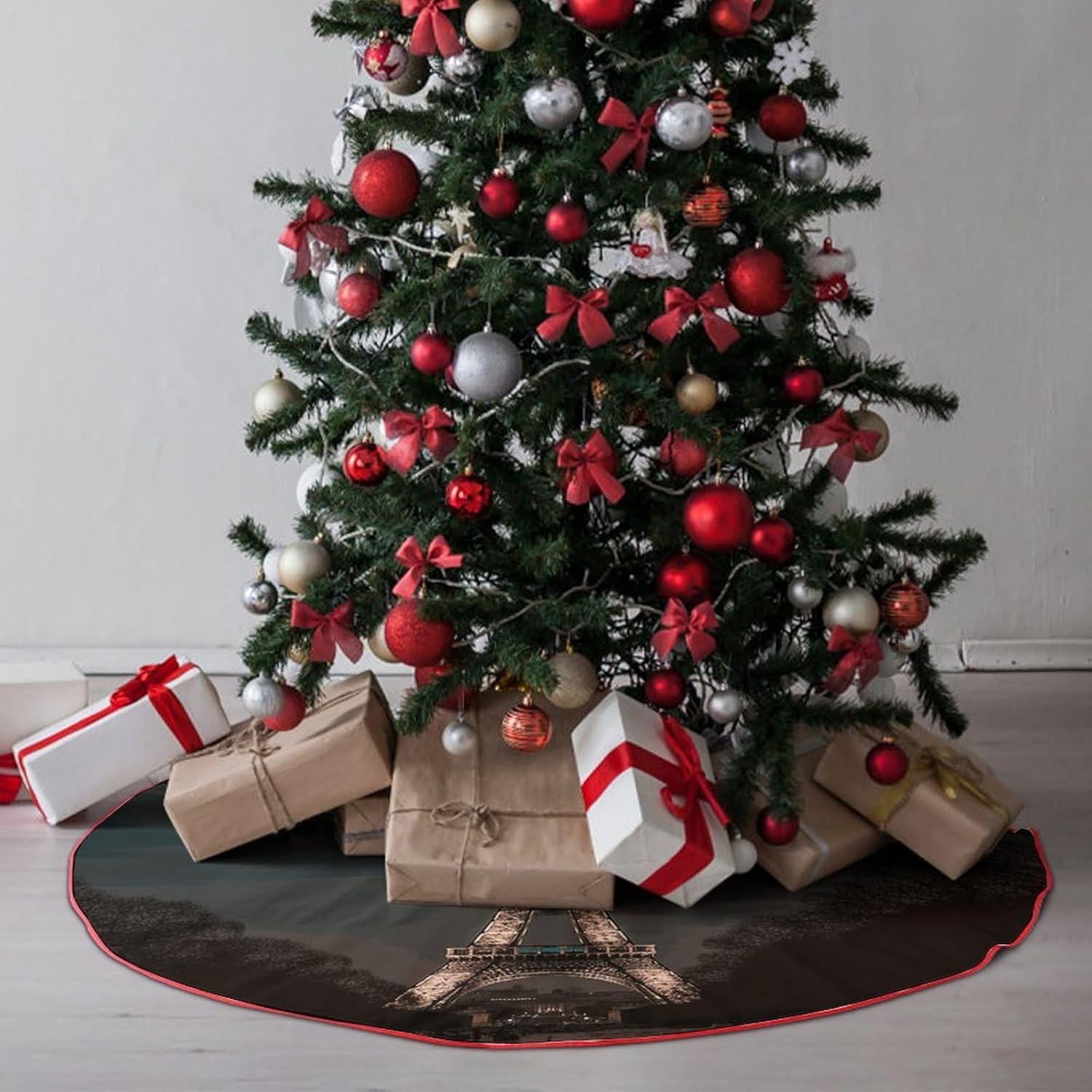 Christmas Tree Skirt,for Xmas Tree Holiday Party Decorations Eiffel Tower, Paris Printed Christmas Tree Mat Red Lace-up Christmas Tree Dress