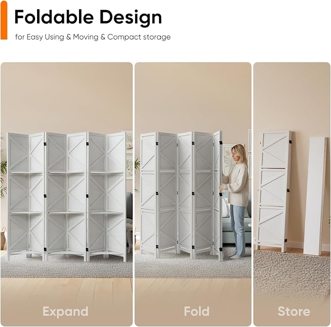 Biombo moderno con estantes, diseño plegable en forma de X, 6 paneles, 67 pulgadas de alto x 96 pulgadas de ancho, blanco miniatura 4