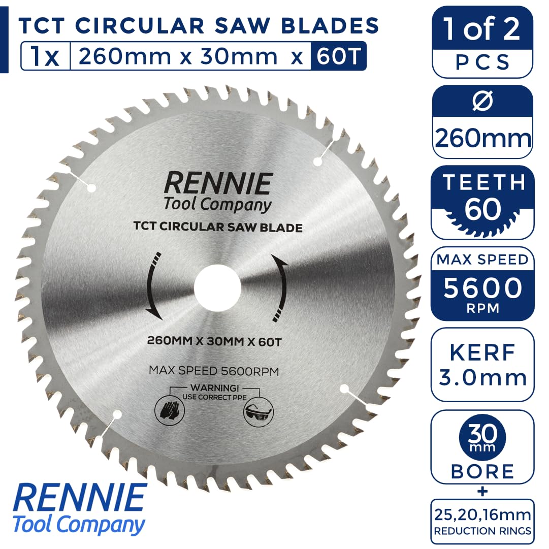 Confezione da 2 lame circolari per legno con foro da 260 mm x 30 mm x 60T e 80T TCT Include anelli di riduzione del foro da 25 mm, 20 mm e 16 mm. Compatibile con sega circolare Festool Bosch, Makita,