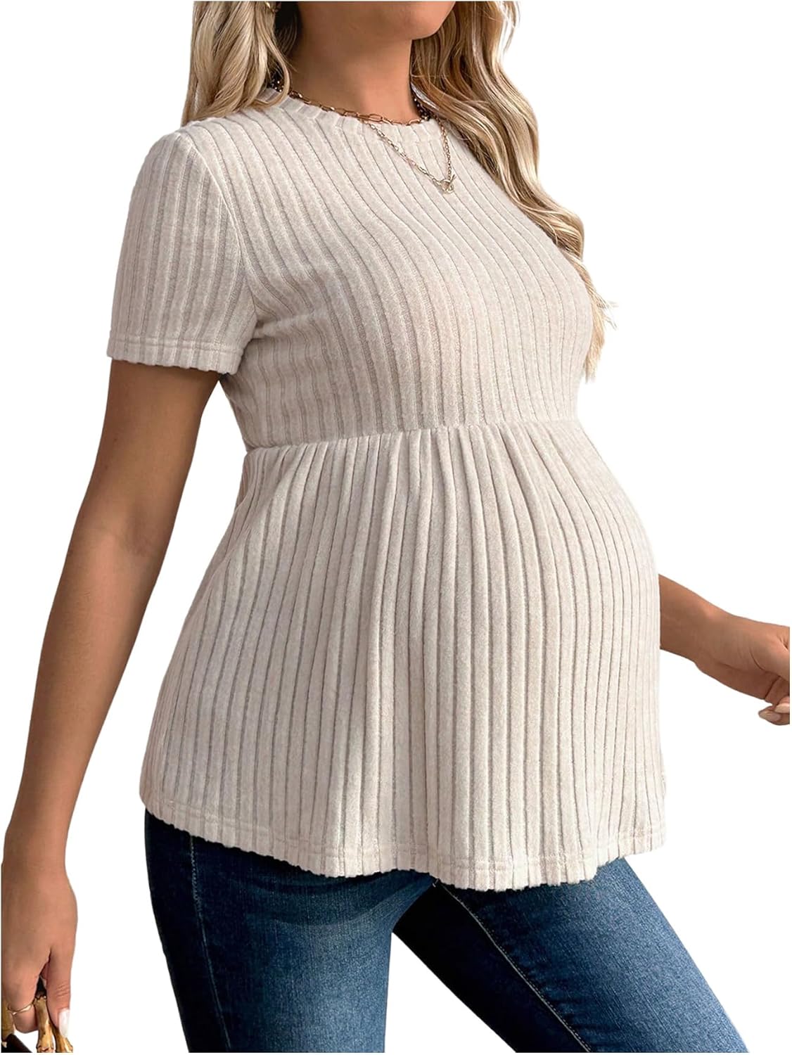 RoseSeek Women's Ruffle Hem Maternity T Shirt Short Sleeve Crewneck Ribbed Knit Peplum Tee Tops