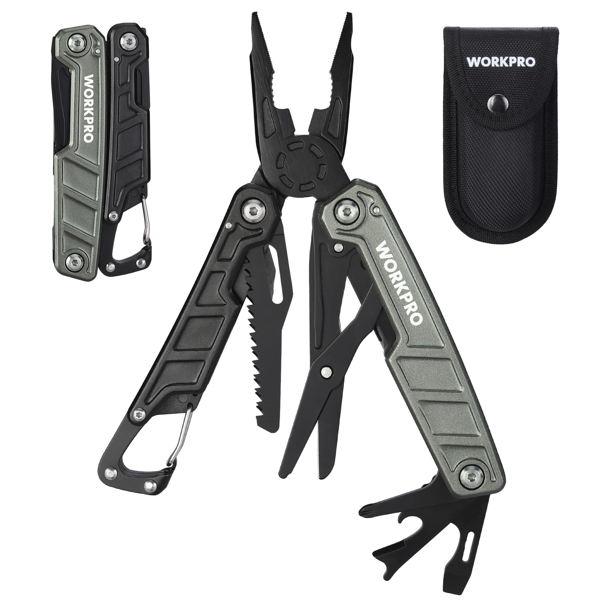 WORKPRO 11-in-1 Multi-Tool Pliers with Carabiner and Sheath, Stainless Steel Multi Tool with Carrying Bag, Scissors