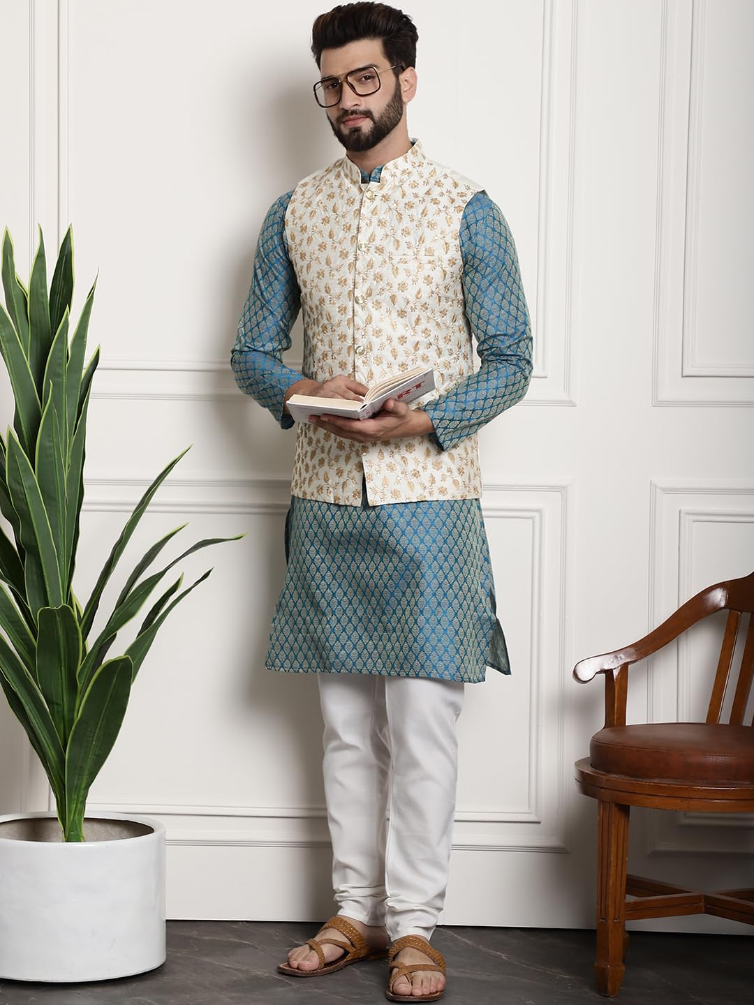 Sojanya (Since 1958 Men's Ethnic Motifs Blue Woven Design Silk Blend Kurta With Pyjamas & Cream Nehru Jacket Size-44