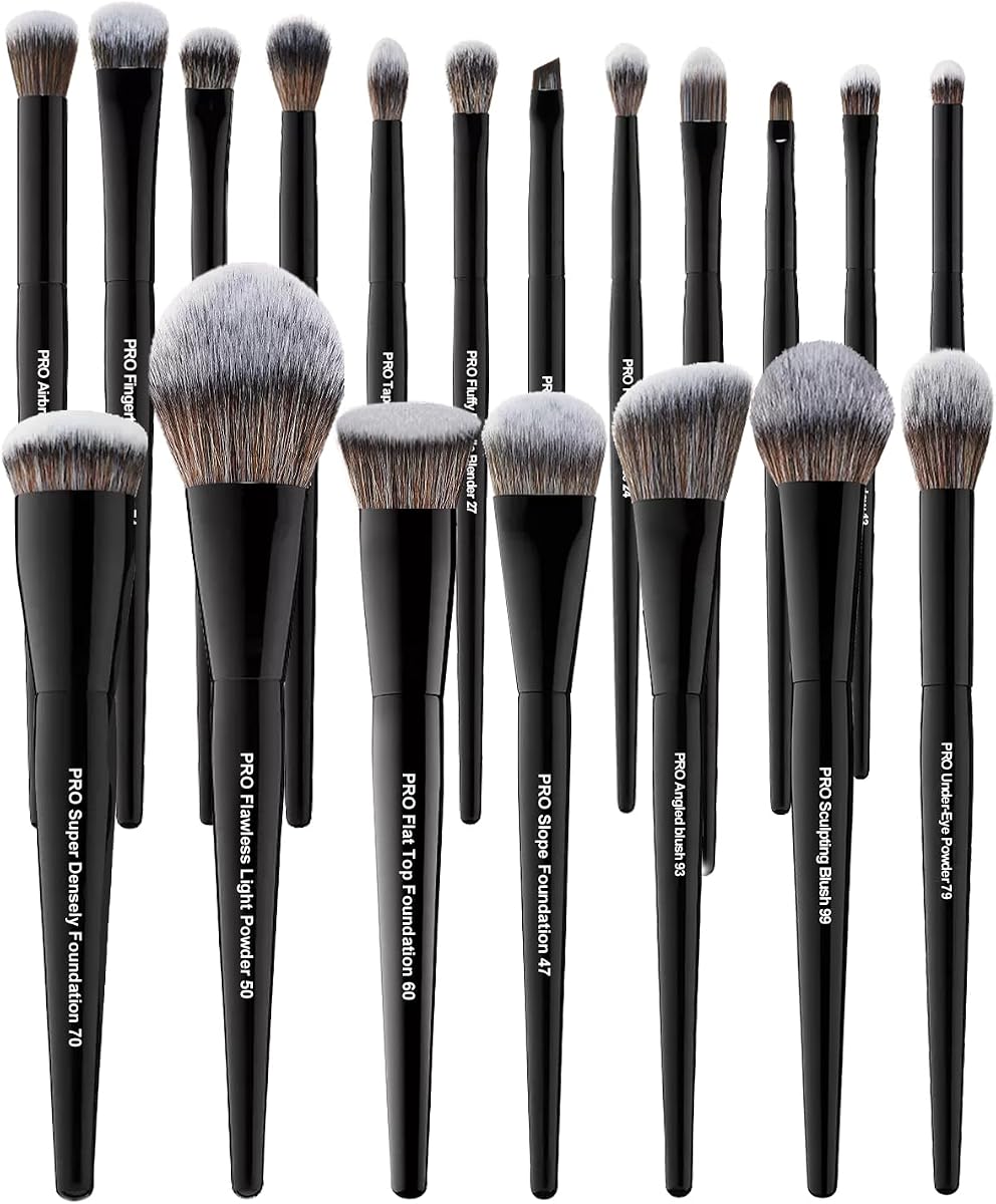 Bueart Design Juego de 19 brochas de maquillaje etiquetadas de grado profesional, base grande en polvo, corrector de contorno, sombra de ojos, colorete, delineador de ojos, brochas de maquillaje, pelo sintético premium, vegano sin crueldad