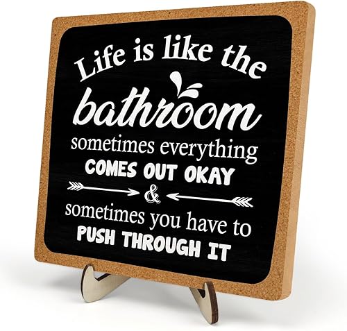 Miniatura 16 de Placa decorativa de baño, divertida placa de escritorio de madera con la vida es como el baño, letrero rústico para estante de casa de campo para