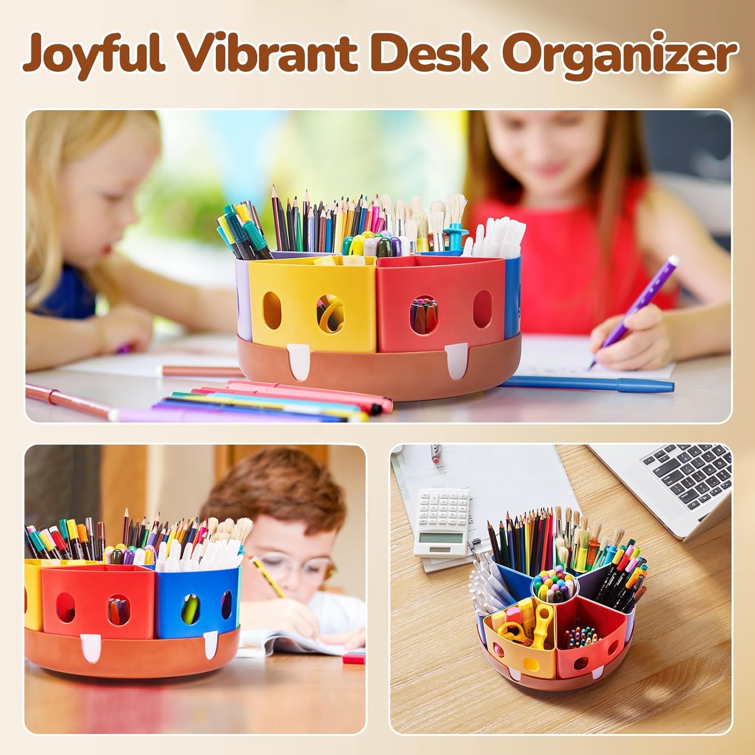 GAMENOTE Rotating Art Supplies Organizer - Lazy Susan Office School Supply for Kids Desk Organization and Storage Homeschool Craft Caddy Classroom Organization (Large) (Pack of 3)