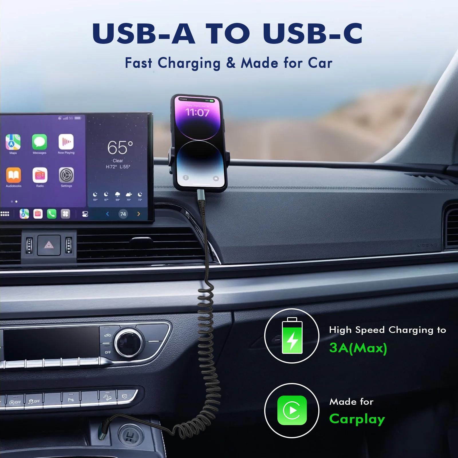 JUKEKUL Cavo USB C a spirale, 0,9 m, confezione da 2 cavi da USB A a USB C, ricarica rapida, cavo di ricarica intrecciato di tipo C, compatibile con iPhone 15 Pro Max Plus Note 20 iPad Pro Air Mini